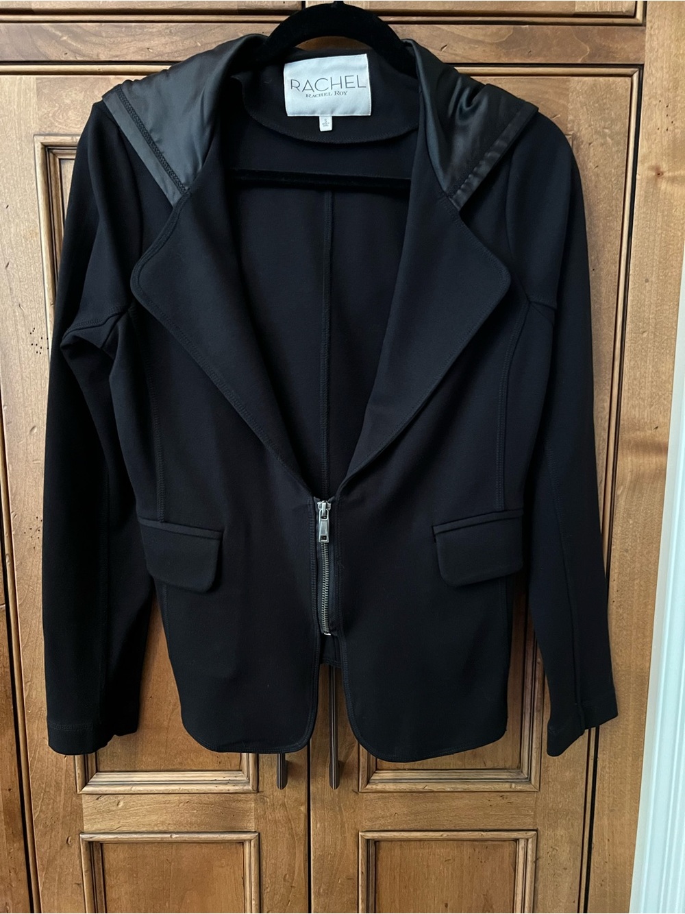 RACHEL Rachel Roy Black Hooded Blazer with Zip Front